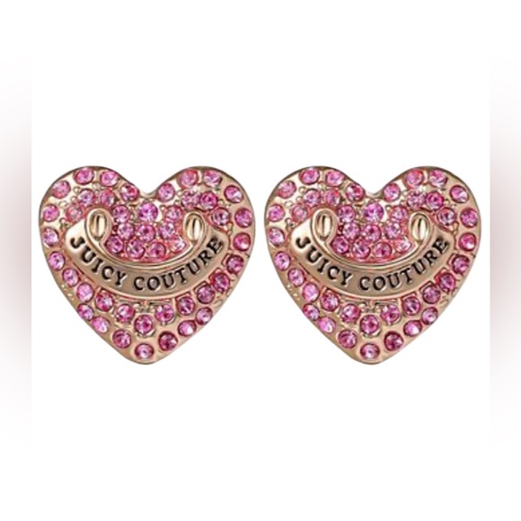 Juicy Couture New Gold Logo Heart Stud Earrings with Pink Pave Stones - Picture 1 of 10